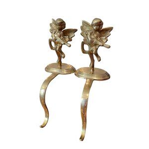 VTG solid brass cherub fireplace stocking holders shelf hooks SKU 9872